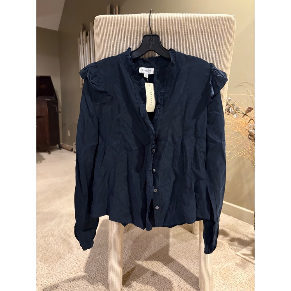 New Evereve Thea Ruffle Button Down small navy Blue Blouse Long Sleeve Cupro